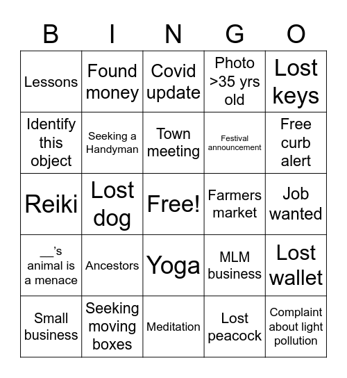 Small Town Bingo Card