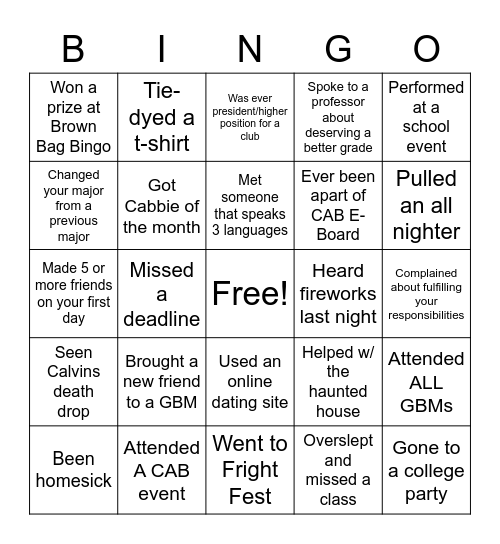 CAB E-Board Bingo: Let's see what we have in common! Bingo Card