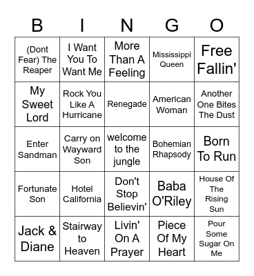 Classic Rock Bingo Card