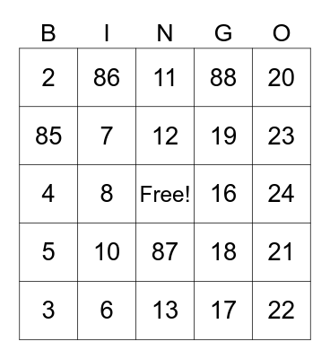 Yates Test Bingo Card