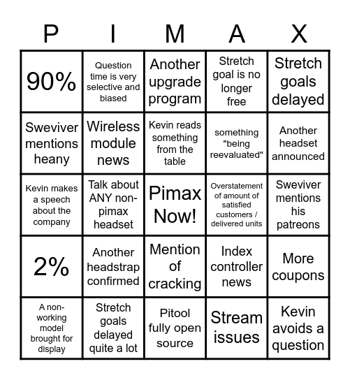 Pimax Now Bingo Card