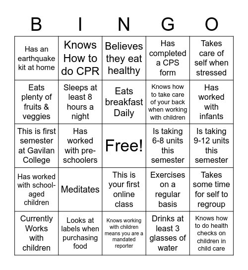 Meet and Greet Bingo Card