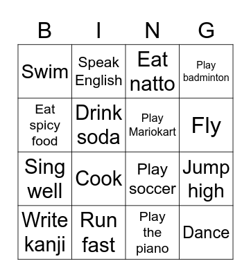 I can/I can't Bingo Card