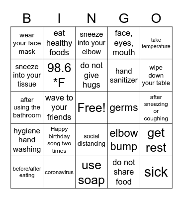 Handwashing Bingo Card