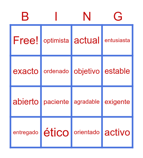 Adjetivos Personales Positivos Bingo Card