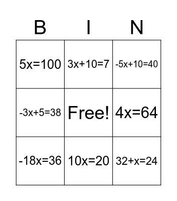 Algebra Bingo Card