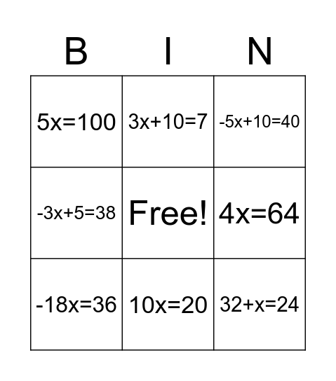 Algebra Bingo Card