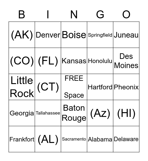 State Capital Bingo Card