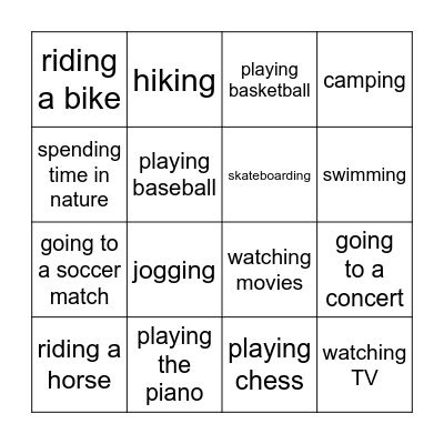 free time activities Bingo Card