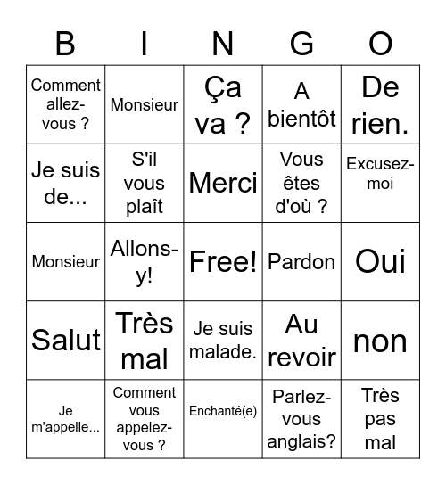 French Phrases Bingo Card