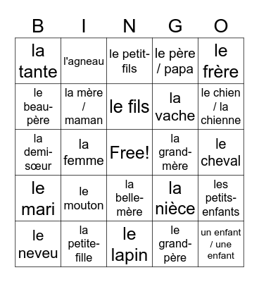 French Family and Animals Bingo Card