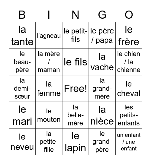 French Family and Animals Bingo Card