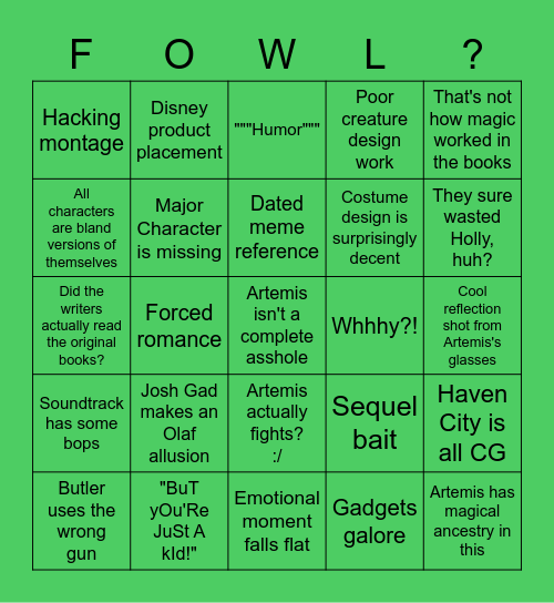 Artemis Fowl Movie Bingo Card