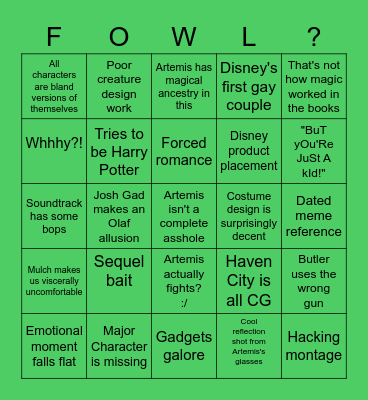 Artemis Fowl Movie Bingo Card