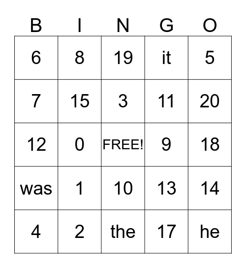 Bingo 0-20 Bingo Card