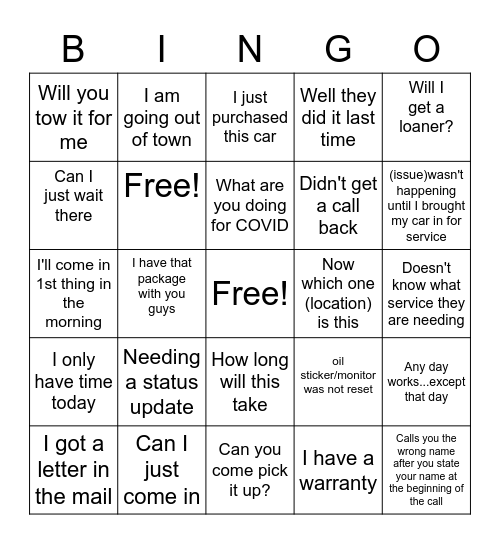 Customer says Bingo Card