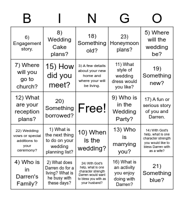 Cheryl & Darren Bingo Card