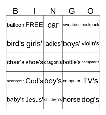 Possessive Nouns Bingo Card