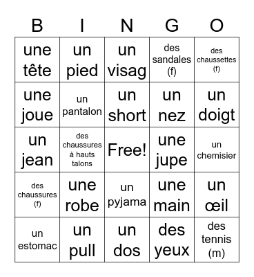 French Body Parts and Clothing Bingo Card