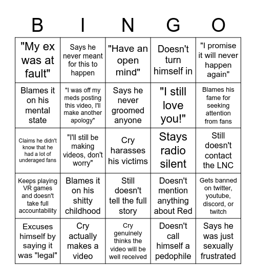 Cryaotic Bingo Chart Bingo Card