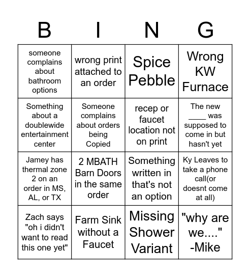 Order Read Bingo Card