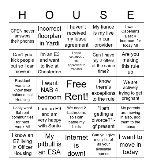 Housing Bingo Card
