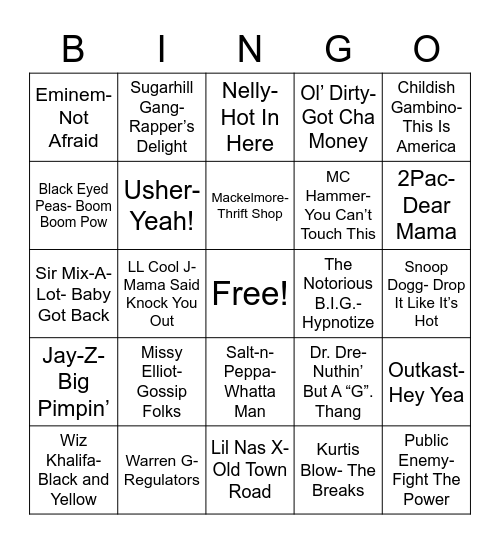 Total-Quiz.com Presents Radio Bingo: Hip Hop Bingo Card