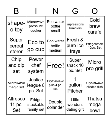 Tupperware Bingo Card
