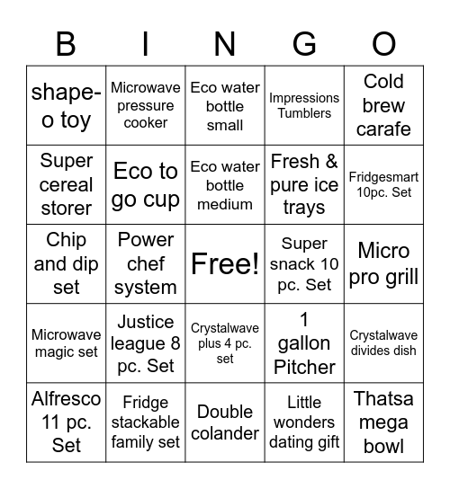 Tupperware Bingo Card