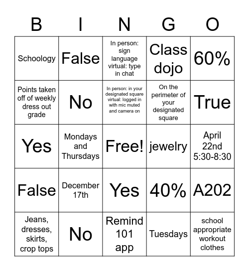 Syllabus BINGO Card