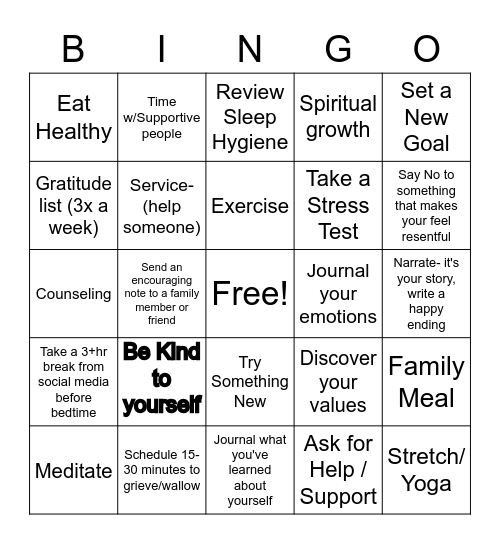 Divorce Self-Care Bingo Card