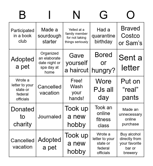 Quarantine bingo Card