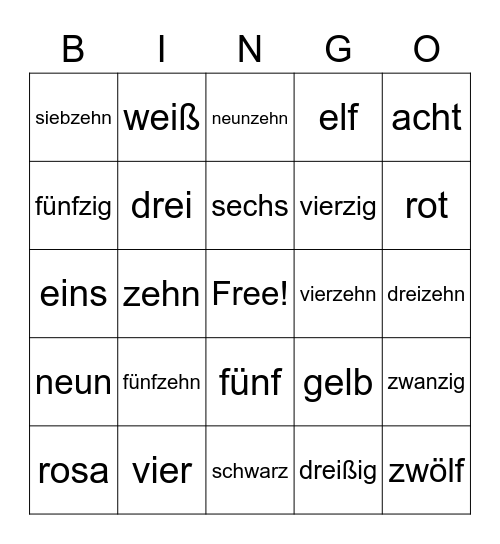 German - Numbers and Colors Bingo Card