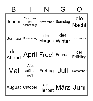 German - Dates, Months and Time Bingo Card