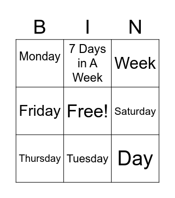 Day of The Week Bingo Card