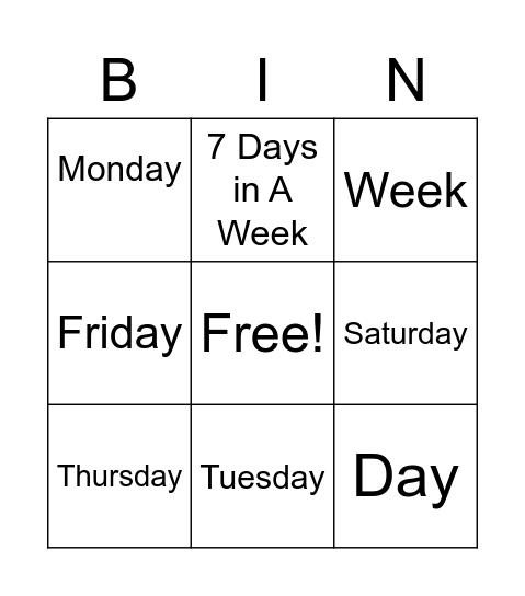 Day of The Week Bingo Card