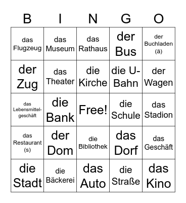 German - Places Around Town Bingo Card