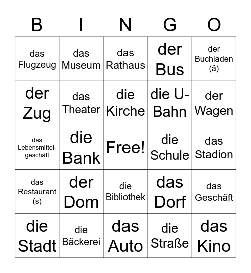 German - Places Around Town Bingo Card
