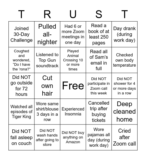 TZP Quarantine Bingo Card