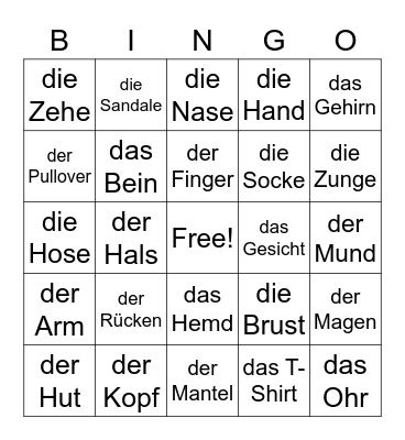 German - Body and Clothes Bingo Card