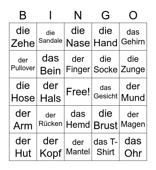 German - Body and Clothes Bingo Card