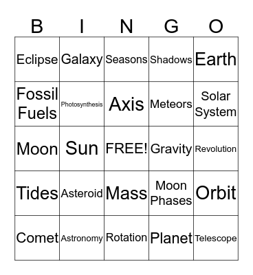 Astronomy - 4th Grade Bingo Card