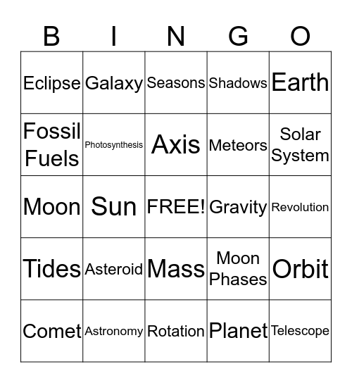 Astronomy - 4th Grade Bingo Card