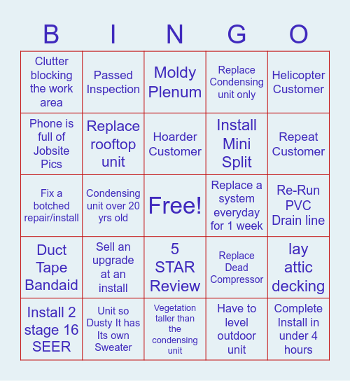 Installer Bingo Card