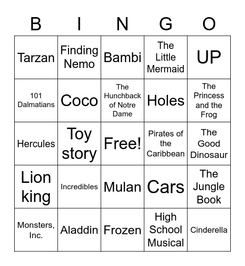 DISNEY MOVIES Bingo Card