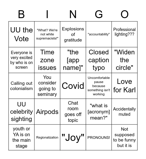 More General Session Bingo Card