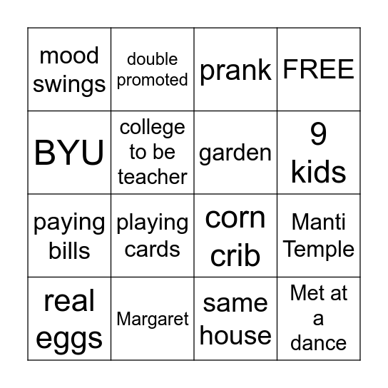 Grandma Bingo Card