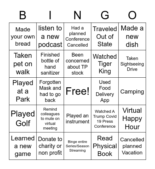 Quarantine Bingo Card