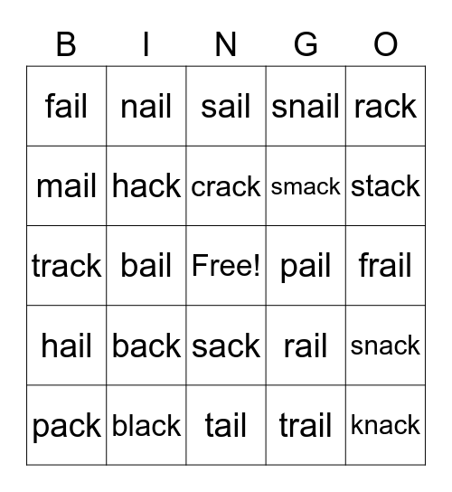 Word Families - ack, -ail Bingo Card