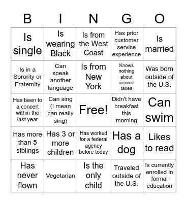 New Hire Bingo Card
